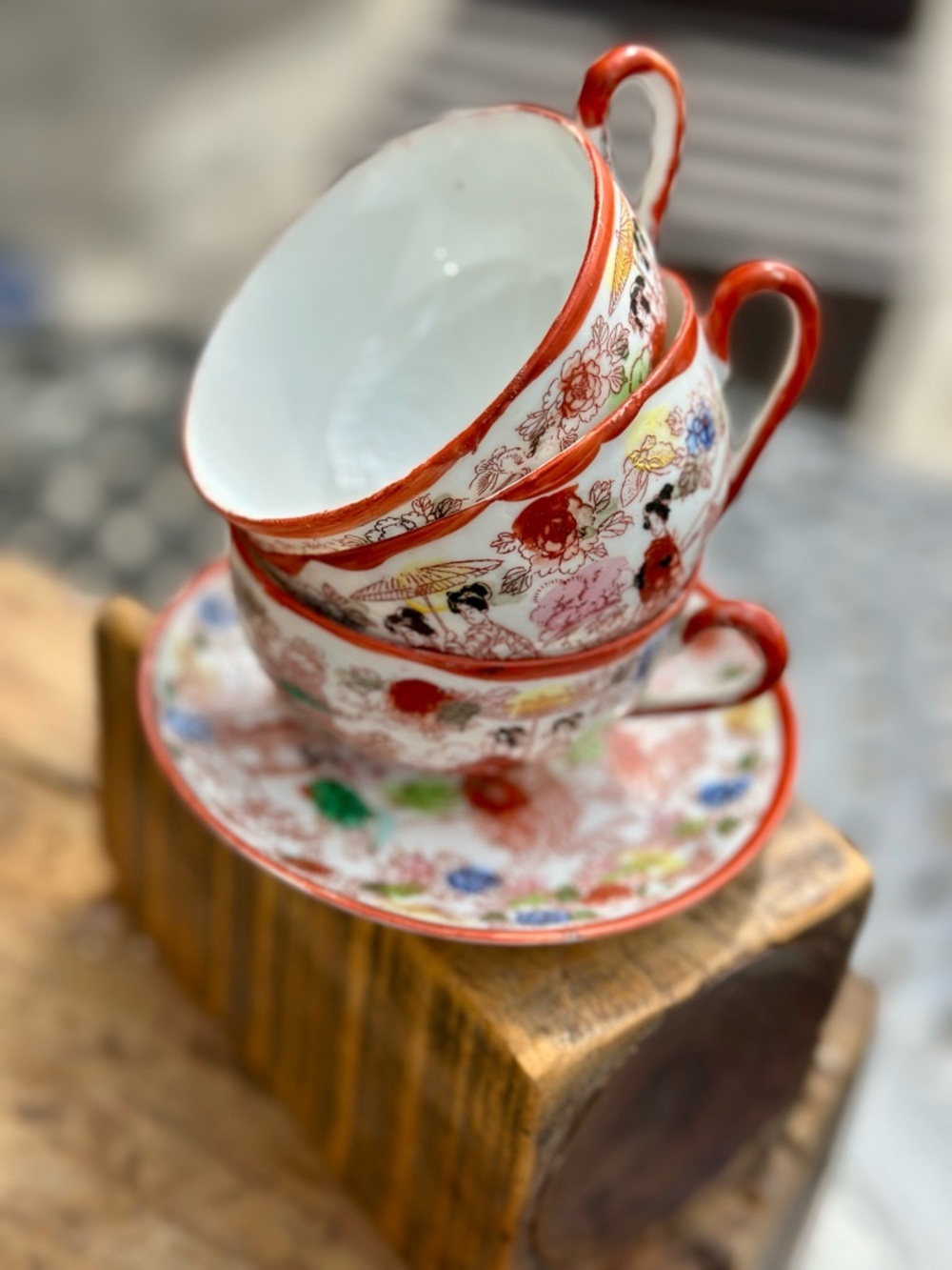 3 Vintage Geisha Garden Hand Painted Red Rimmed Tea Cups With 1 Saucer